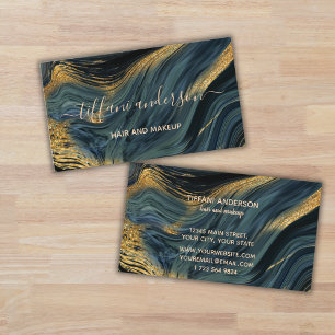 Carte De Visite Parties scintillant en or bleu chic Marbre Agate M