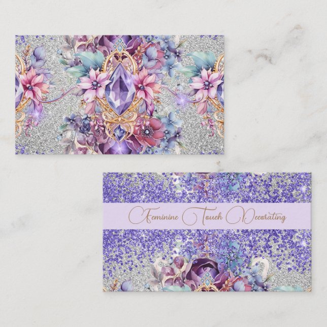 Carte De Visite Parties scintillant florale brillante féminine (Devant / Derrière)