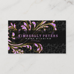 Carte De Visite Parties scintillant Florale Noire, Rose Et Or