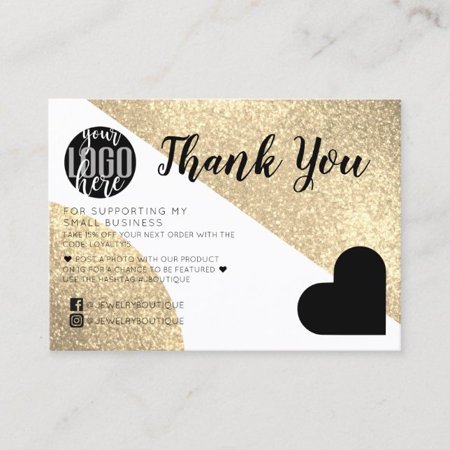 Carte De Visite Parties scintillant Gold Geo Heart Logo Merci clie (Devant)