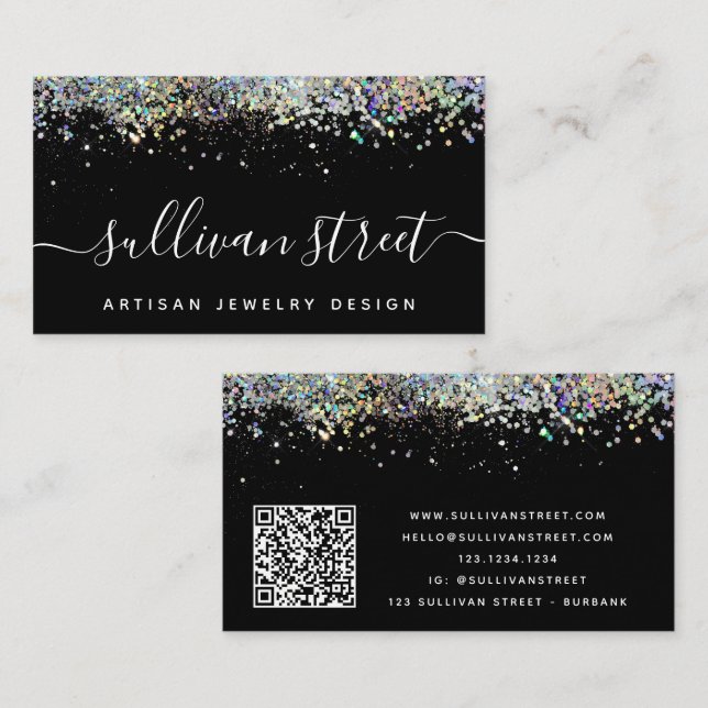 Carte De Visite Parties scintillant holographique noire Code QR (Devant / Derrière)