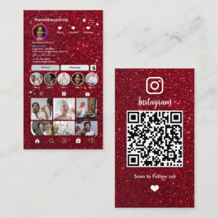 Carte De Visite Parties scintillant Instagram moderne Rouge QR Cod