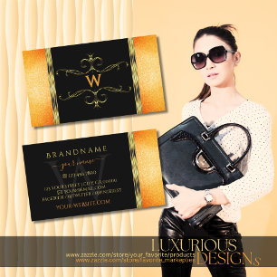 Carte De Visite Parties scintillant noire et orange Monogramme d'o