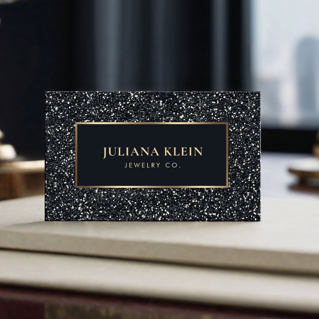 Carte De Visite Parties scintillant noire QR Code élégant (Créateur téléchargé)