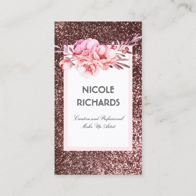 Carte De Visite Parties scintillant or rose et Fleurs aquarelles V (Devant)