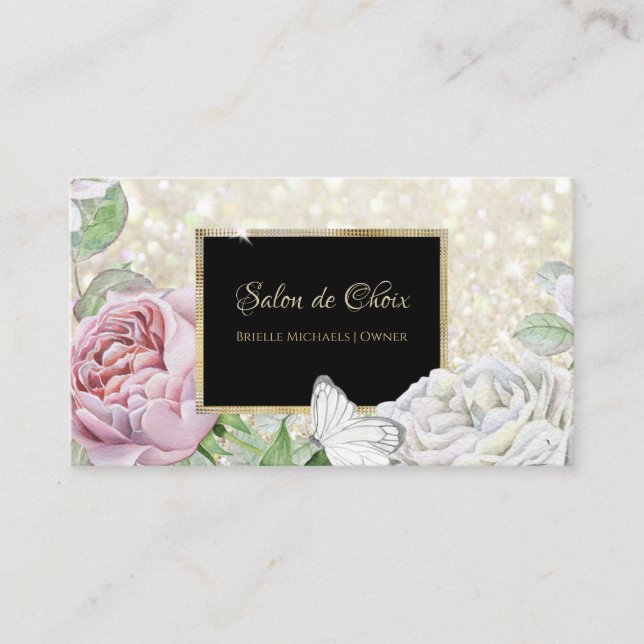 Carte De Visite Parties scintillant papillon rose noir et or Scrip (Devant)