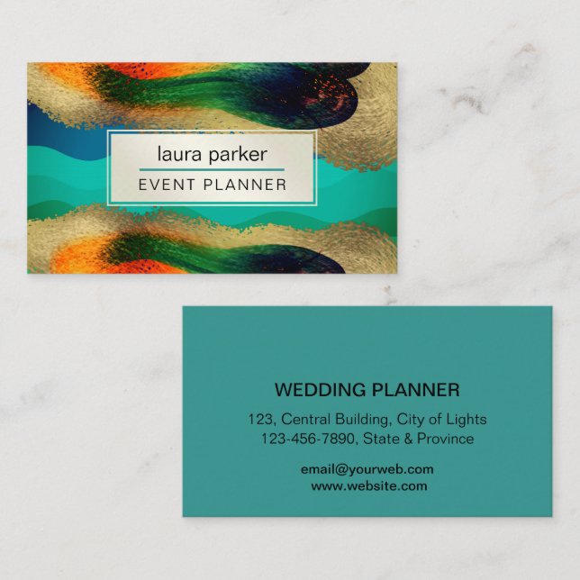 Carte De Visite Parties scintillant Peacock Gold Élégant Bleu Vert (Devant / Derrière)