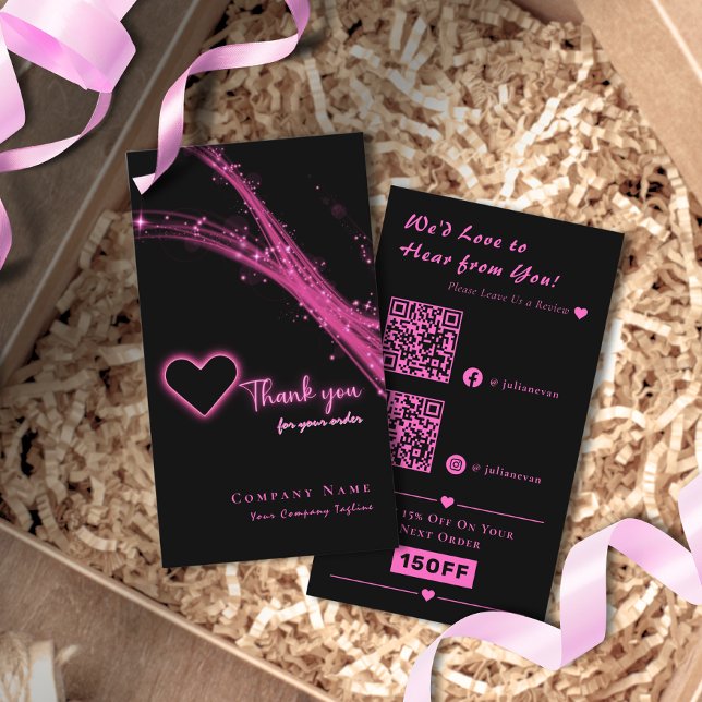 Carte De Visite Parties scintillant rose étincelante Neon Coeur QR (Créateur téléchargé)