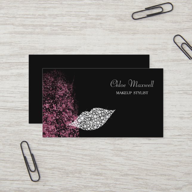 Carte De Visite Parties scintillant rose Lèvres Diamant blanc Arti (Devant/Arrière en situation)