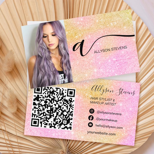 Carte De Visite Parties scintillant rose maquillage cheveux photo  (Créateur téléchargé)