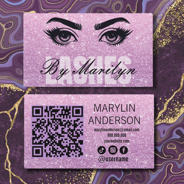 Carte De Visite Parties scintillant rose Ombre Lash Tech QR Code s (Créateur téléchargé)