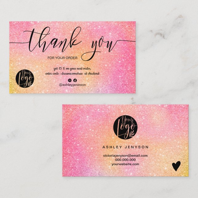 Carte De Visite Parties scintillant rose ombre script logo command (Devant / Derrière)