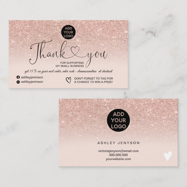Carte De Visite parties scintillant rose or logo rose vif commande (Devant / Derrière)