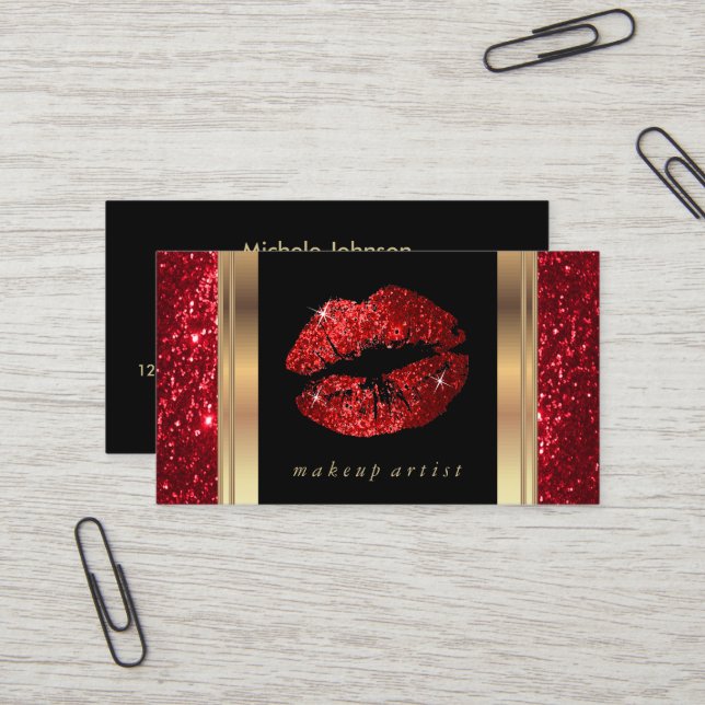 Carte De Visite Parties scintillant rouge lèvres et or élégant (Devant/Arrière en situation)