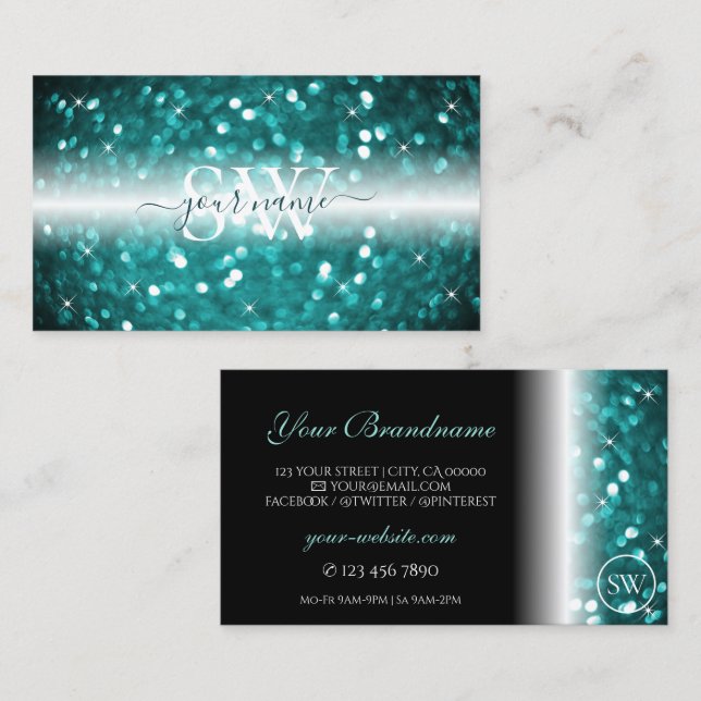 Carte De Visite Parties scintillant Turquoise brillante à rayures  (Devant / Derrière)