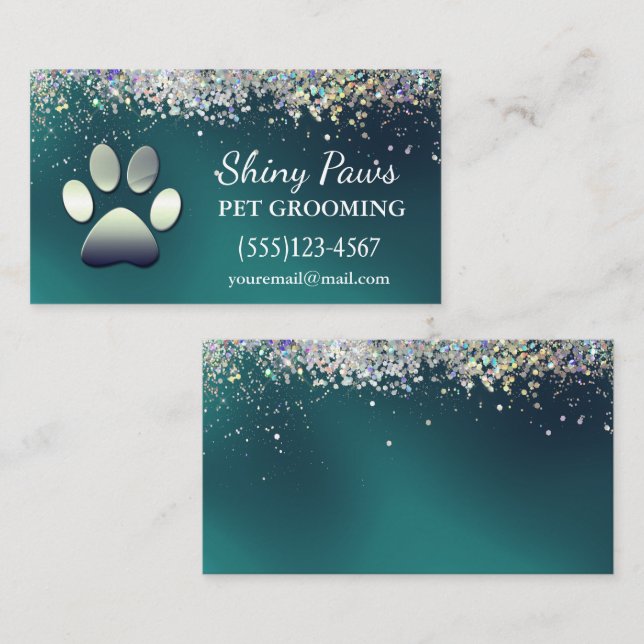 Carte De Visite Parties scintillant Turquoise de luxe Chien Paw Se (Devant / Derrière)