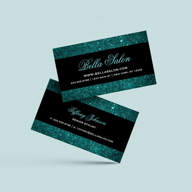Carte De Visite Parties scintillant turquoise et Black Glam Faux (Créateur téléchargé)
