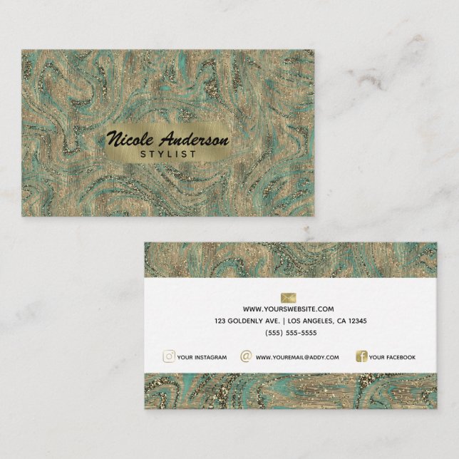 Carte De Visite Parties scintillant Turquoise Gold & Minty Style L (Devant / Derrière)