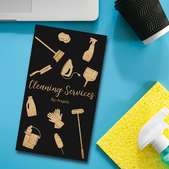 Carte De Visite Parties scintillant Vertical Black Gold Maid Servi (Créateur téléchargé)