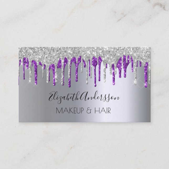 Carte De Visite Parties scintillant violet argent gouttes cheveux  (Devant)