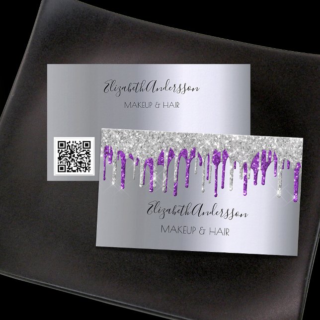 Carte De Visite Parties scintillant violet argent gouttes de maqui (Créateur téléchargé)