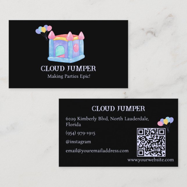 Carte De Visite Pastel Black Bounce House Rentations QR Code (Devant / Derrière)