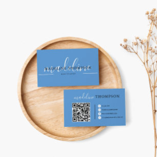 Carte De Visite Pastel Blue Calligraphy Script code QR