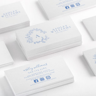 Carte De Visite Pastel Blue Monogram Floral Crest Professional