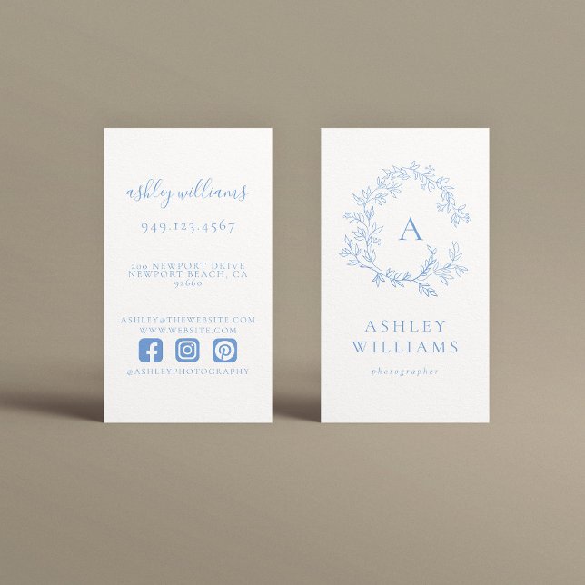 Carte De Visite Pastel Blue Monogram Professional Floral Crest (Créateur téléchargé)