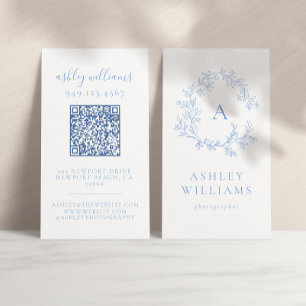 Carte De Visite Pastel Blue Monogram QR Code Floral Crest