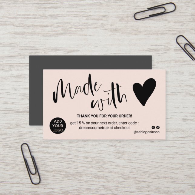 Carte De Visite Pastel blush merci fait avec amour (Devant/Arrière en situation)