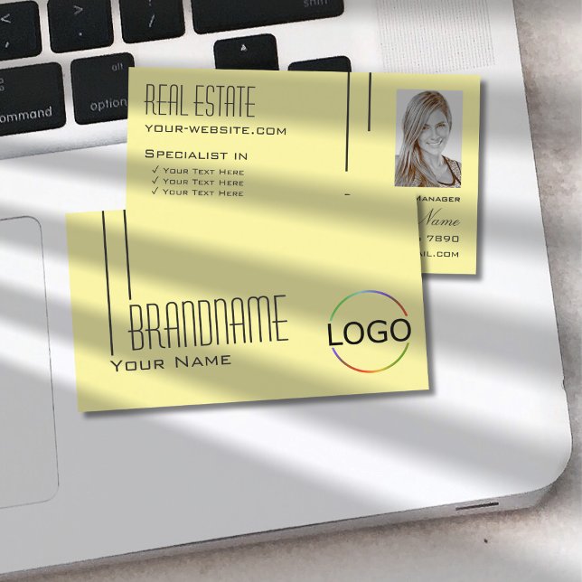 Carte De Visite Pastel clair jaune avec logo et photo professionne (Créateur téléchargé)