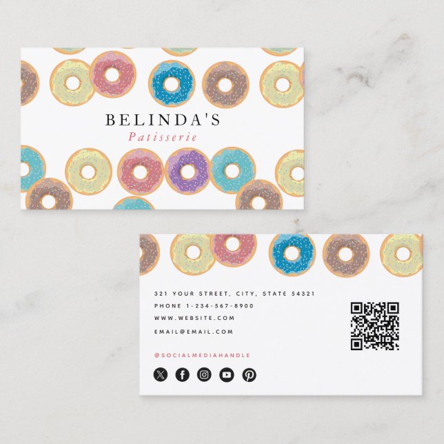 Carte De Visite Pastel Donuts & Sprinkings Pâtisserie Chef QR Code (Devant / Derrière)