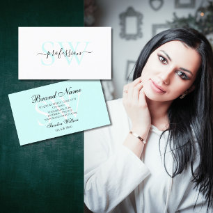 Carte De Visite Pastel moderne blanc et clair Turquoise avec initi