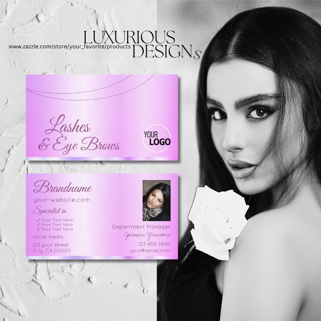 Carte De Visite Pastel rose violet glamour avec logo et photo (Créateur téléchargé)