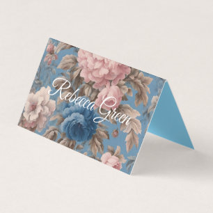 Carte De Visite Pastel Victorien Bleu Et Fleurs Roses