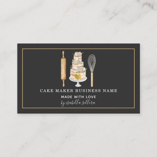 Carte De Visite Pâtisserie Chef Aquarelle Cuisine Ustensile Noir (Devant)
