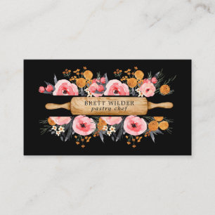 Carte De Visite Pâtisserie Chef boulanger Rolling Pin Floral Noir