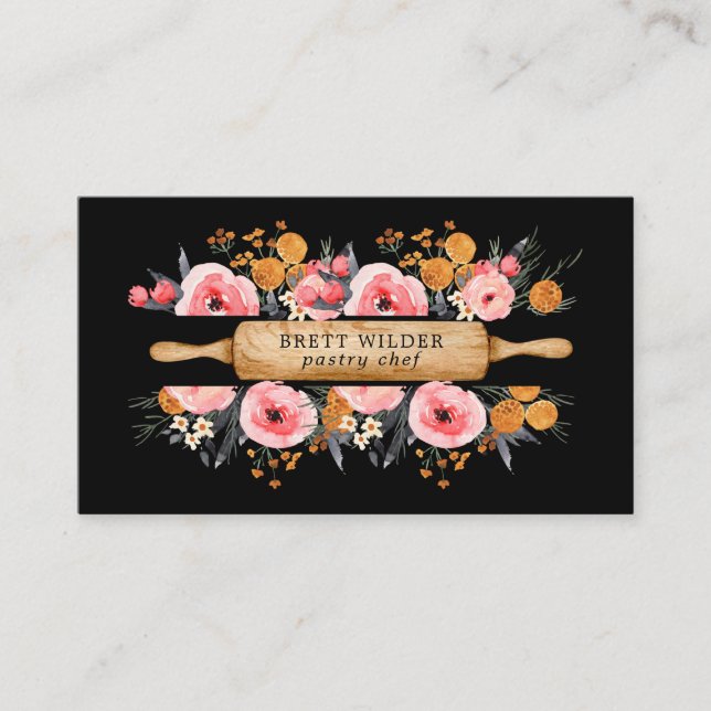 Carte De Visite Pâtisserie Chef boulanger Rolling Pin Floral Noir (Devant)