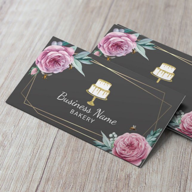 Carte De Visite Pâtisserie Chef Fleur & Abeilles Gray Géométrique (Créateur téléchargé)
