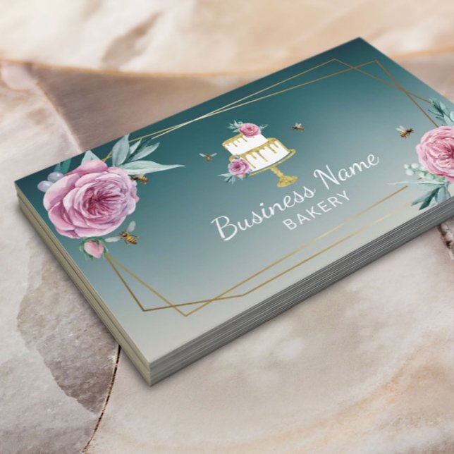 Carte De Visite Pâtisserie Chef Fleur et abeilles Gâteau Turquoise (Créateur téléchargé)