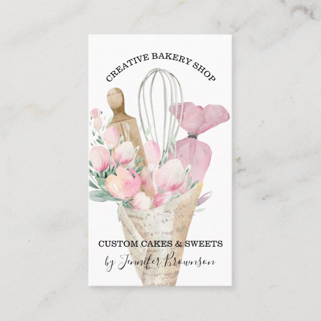 Carte De Visite Pâtisserie Chef Fleurs roses Boho (Devant)