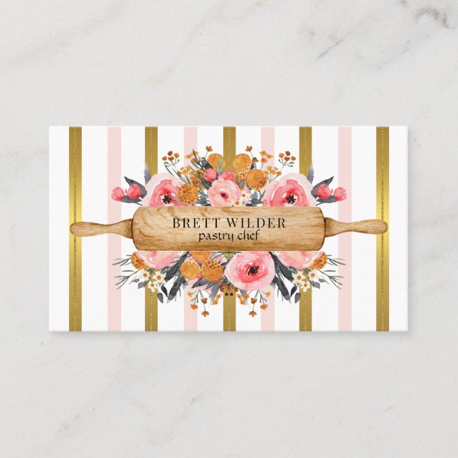 Carte De Visite Pâtisserie Chef Floral Pink Gold Foil Stripes (Devant)