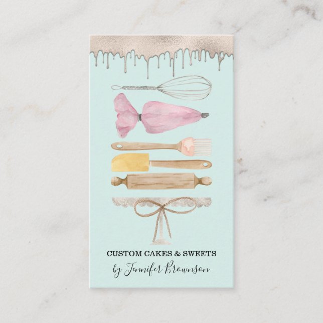 Carte De Visite Pâtisserie Chef Turquoise Aquarelle Goutte de gâte (Devant)