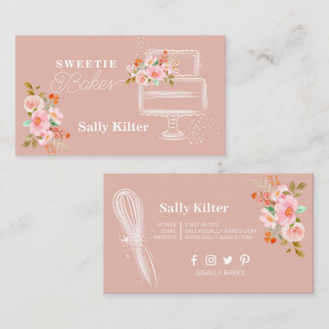 Carte De Visite Pâtisserie rose et Cuisine Ustensiles gâteaux Bake (Devant / Derrière)