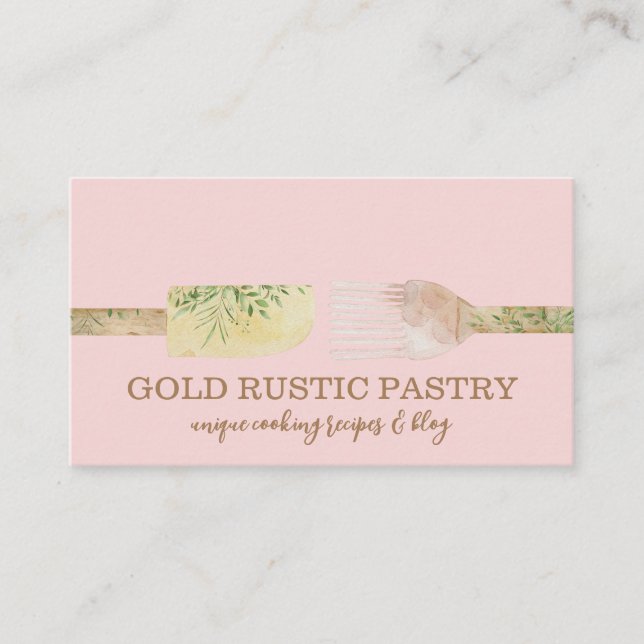 Carte De Visite Pâtisserie rose jaune cuillère à feuilles d'eucaly (Devant)