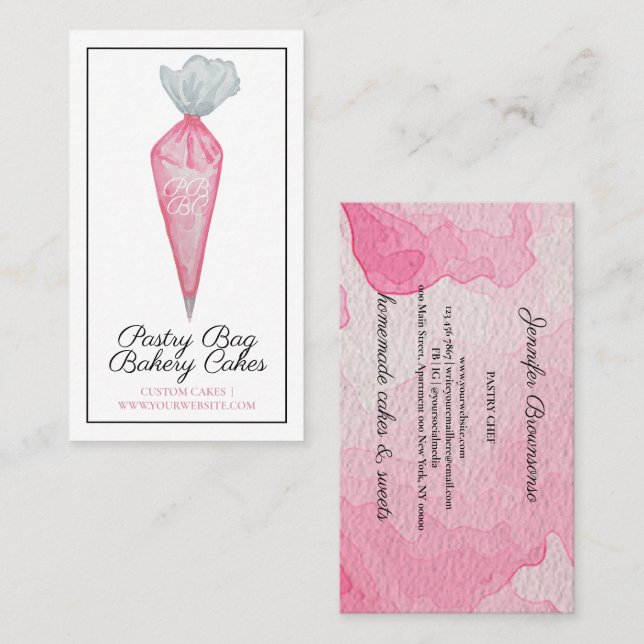 Carte De Visite Pâtisserie rose Sac Aquarelle Monogramme Boulanger (Devant / Derrière)
