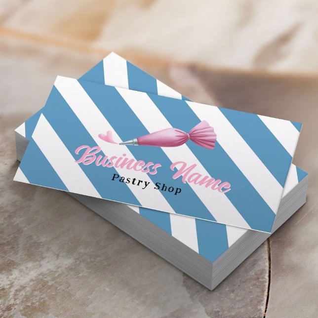 Carte De Visite Pâtisserie Sac de tuyauterie Logo Bleu Stripes Bou (Créateur téléchargé)