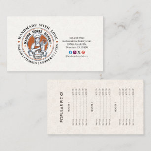 Carte De Visite Pâtissier Boulanger Liste de Prix Traiteur Or