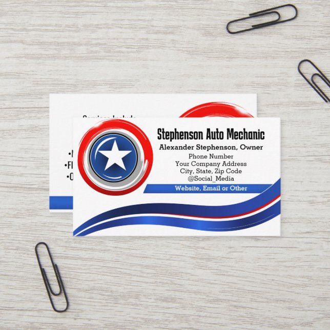 Carte De Visite Patriotique Star Rouge Blanc et bleu Entrepreneur (Devant/Arrière en situation)
